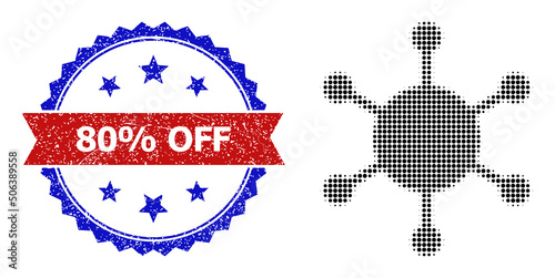 Halftone network center icon, and bicolor unclean 80% Off stamp. Halftone network center icon is generated with small round dots. Vector imprint with unclean bicolored style,