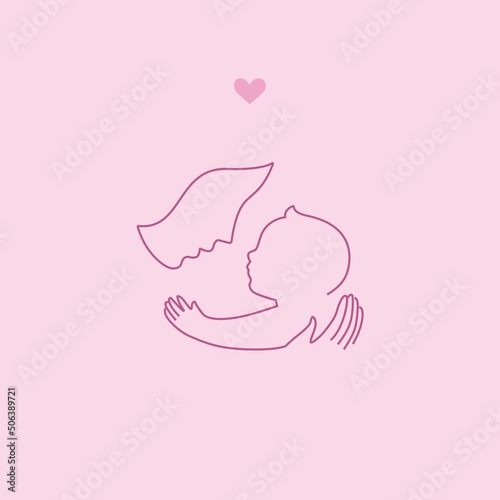 Cute logo, mother with a baby in her arms. Happy maternity. Linear icon. Hugs with love