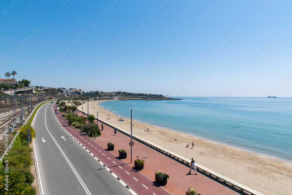 Panorami view of the El Miracle beach, Tarragona, spring 2022