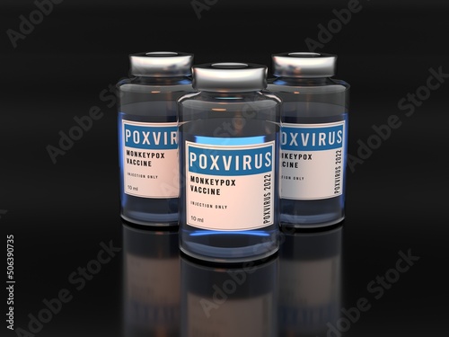 Monkeypox pox poxvirus vaccine glass bottles. Three bottles on black background with reflection. 3D illustration. Teal orange light.