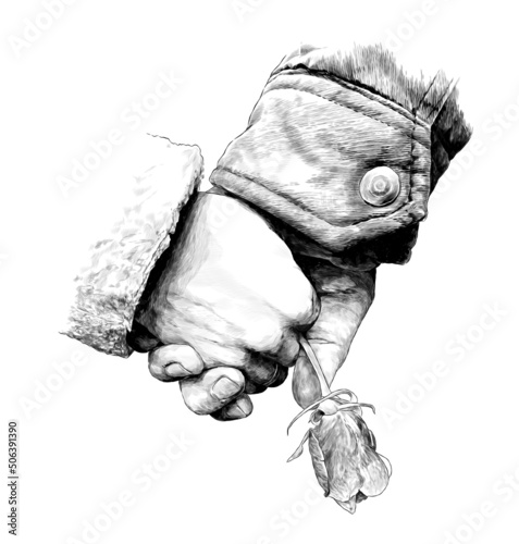 male and female hands holding each other and holding a rose flower, sketch vector graphics monochrome illustration on a white background