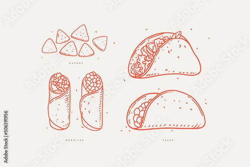 Set of national mexican food in linear style. Traditional fast food: tacos, burritos and nachos on isolated background. Vector illustration for the menu of cafes, restaurants, markets and shops.