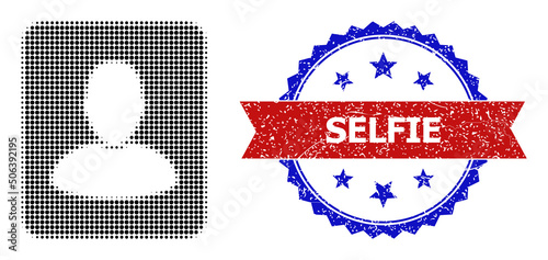 Halftone person photo icon, and bicolor unclean Selfie watermark. Halftone person photo icon is constructed with small spheric pixels. Vector watermark with grunge bicolored style,