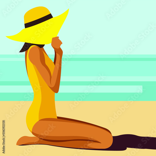 vector image on the theme of summer holidays. a tanned girl in a yellow swimsuit poses on the beach in a hat, sunbathes, rests, relaxes in a tropical resort against the backdrop of the sea or ocean.