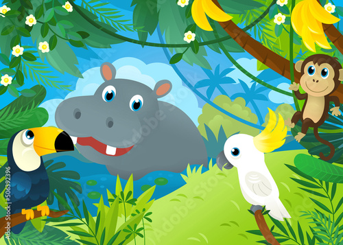 cartoon scene with jungle animals being together illustration