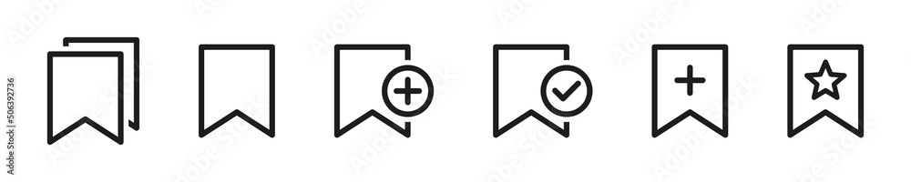 Bookmark icon set. Save sign collection. Bookmark with plus,star,check Bookmark icon set. Save sign collection. Bookmark with plus,star,check