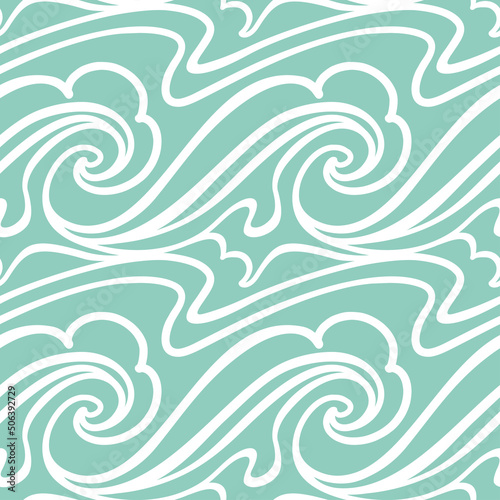 Waves in the ocean (sea), abstract illustration on blue background. Summer ptint. Seamless pattern for fabric, wrapping, textile, wallpaper, apparel. Vector.