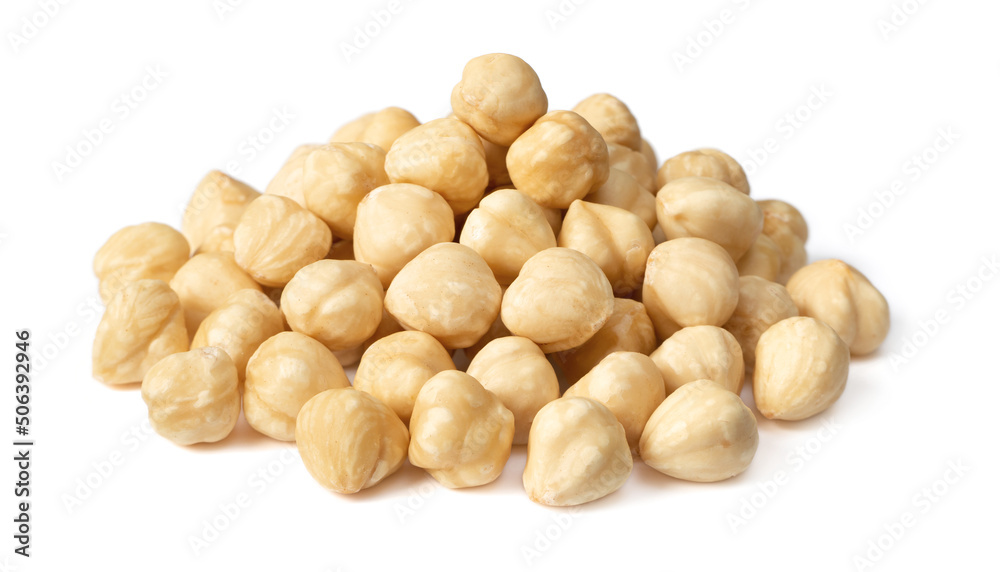 Shelled hazelnuts isolated on white background. Shelled hazelnuts isolated on white background.
