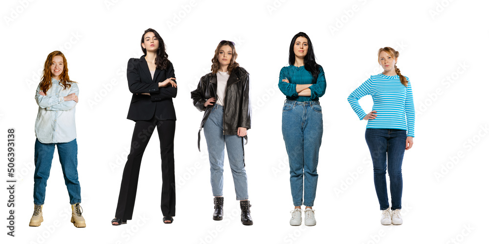 Obraz premium Set of full-length portraits of young women standing together isolated over white background. Horizontal flyer, banner. Models in casual style clothes