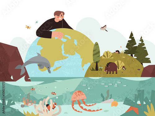 Biodiversity and nature protection flat vector illustration. Ecologyst man protecting different habitat types and biological species of plants, birds, animals and ocean marine life on planet earth.