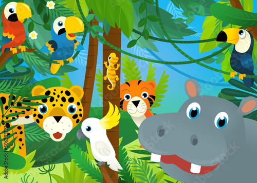 cartoon scene with jungle animals being together illustration
