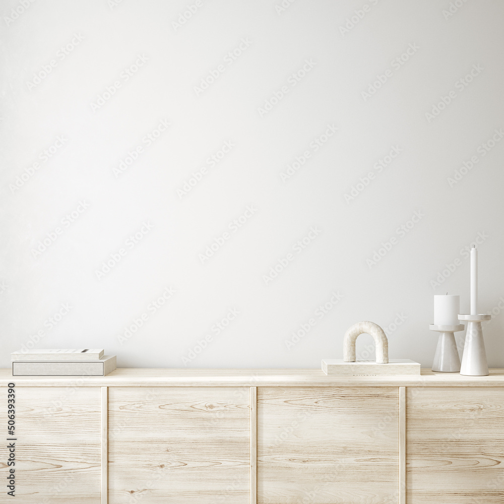 Blank wall mockup in home interior background, white room with natural wooden furniture, 3d render - obrazy, fototapety, plakaty 