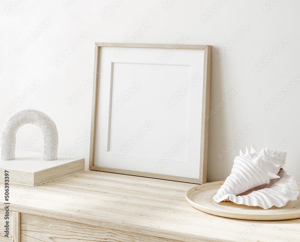 Mock up frame in home interior background, white room with natural wooden furniture, 3d render - obrazy, fototapety, plakaty 
