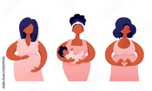 Group of happy mothers. Two pregnant girls and one lady holding newborn child. Flat vector illustration isolated on white background. 