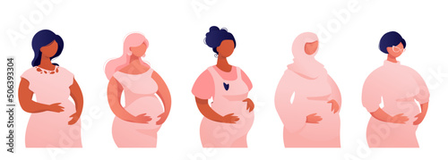 Set of different pregnant women. Happy  diverse mothers expecting. Multiethnic group in dress, hijab to celebrate motherhood. Flat vector illustration isolated on white. 