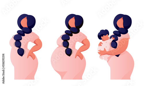 Stages of pregnancy. From being pregnant to carrying newborn child on arms. Beautiful mother for illustration pregnancy calendar and resources. Flat vector isolated on white. 
