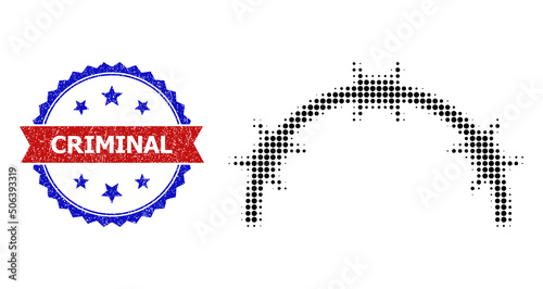 Halftone jail dome icon, and bicolor textured Criminal seal. Halftone jail dome icon is designed with small spheric items. Vector seal with scratched bicolored style,