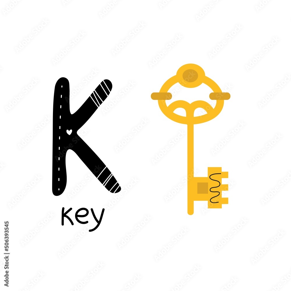 Children's font. Letter K. Cute cartoon key. Vector illustration.