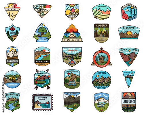 Camping adventure logos set. Vintage travel emblems. Hand drawn badges stickers designs bundle. Wanderlust, national park, scouts labels. Outdoor nature insignias. Logotypes collection. Stock .