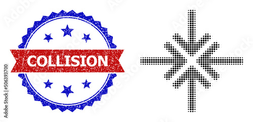 Halftone collision arrows icon, and bicolor unclean Collision seal stamp. Halftone collision arrows icon is made with small spheric dots. Vector seal with unclean bicolored style,