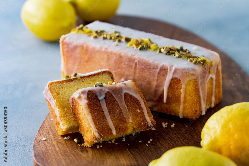 Lemon pound cake decorated with sugar icing.Weekend Citron cake. Lemon pound cake decorated with sugar icing.Weekend Citron cake.