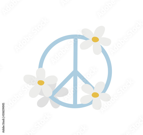 Hand drawn cute cartoon illustration of peace symbol with chamomile. Flat vector love, no war concept in colored doodle style. Freedom or victory sign poster, postcard, or print design. Isolated.