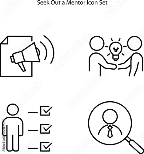 Seek out mentor icon set isolated on white backgrond. Training for professional on job position. Career advancement abstract idea thin line illustration.