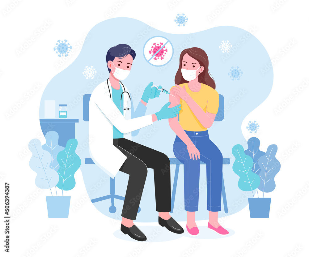 Vaccine concept illustration. Doctor help inject vaccine syringe to patient woman.