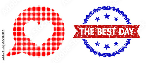 Halftone love message icon, and bicolor rubber The Best Day seal stamp. Halftone love message icon is generated with small round elements. Vector seal with unclean bicolored style,