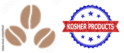 Halftone cacao beans icon, and bicolor scratched Kosher Products watermark. Halftone cacao beans icon is generated with small spheric elements. Vector watermark with distress bicolored style,