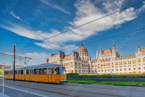 Budapest Hungary, city skyline at Hungarian Parliament and Tram of Budapest