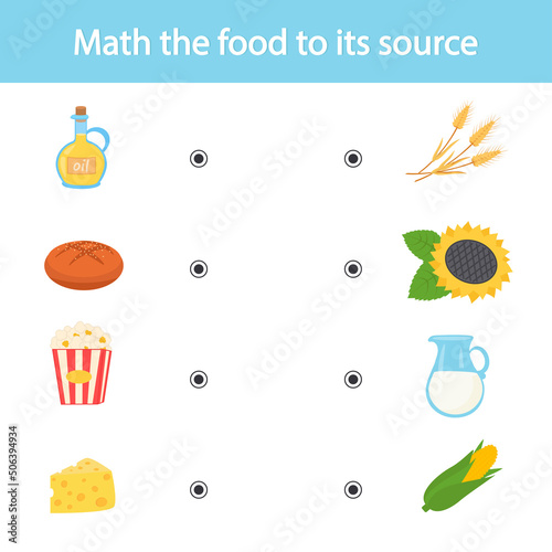 Matching children educational logical game. Math the food to its source. Activity for preschool years kids and toddlers. Vector illustration.