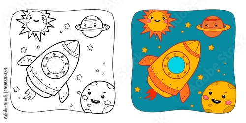 Coloring book or Coloring page for kids. Space rocket vector clipart. Nature background.