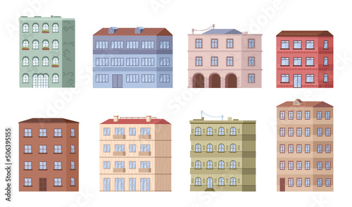 Residential house for living or working in office, buildings set. City or town constructions with several levels, multi story landmarks and urban architecture in metropolis. Vector illustration