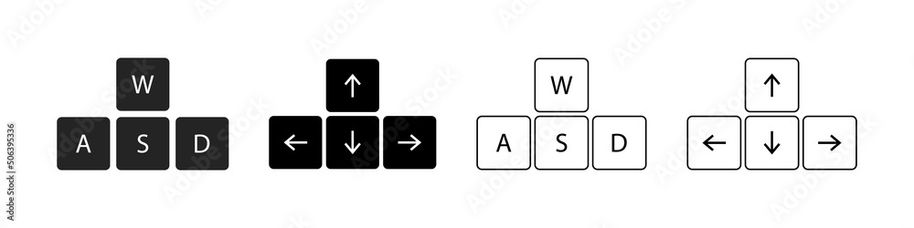 Arrow keyboard. Arrows direction on keyboard. Navigation icons of down, up, left and right direction. Outline buttons isolated on white and black background. Computer wasd keypad. Vector Arrow keyboard. Arrows direction on keyboard. Navigation icons of down, up, left and right direction. Outline buttons isolated on white and black background. Computer wasd keypad. Vector