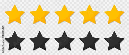 Five stars for review, rating and rank isolated on transparent background. 5 yellow and black icons. Gold and black flat icons with shadows. Ranking logos. Vector illustration photo