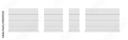 Shelf of store. Shelf of supermarket. Empty shelves for supermarket. Stand retail shelves of shop. Blank mockup in front view for store and market. 3d showcase for product. Vector