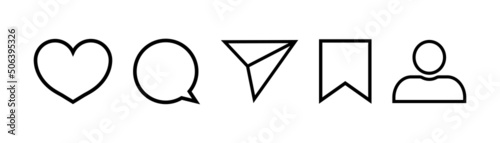 Like, save, share and comment icons. Social media icons. Outline button for bubble, post, like, save and share. Set for send message. Web symbols. Vector
