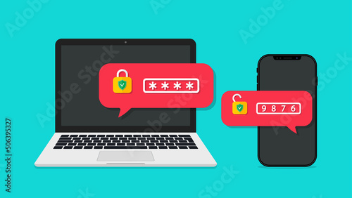 Two step of authentication with password. Two factor of verification. 2fa code. Authentication with help of computer and sms on phone for security. Authorization in laptop with 2fa. Vector.