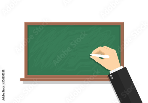Hand holding chalk and write on blackboard. Professor hold chalk and drawing on chalkboard. School board with hand of teacher, student and professor. Schoolboard in classroom. Vector