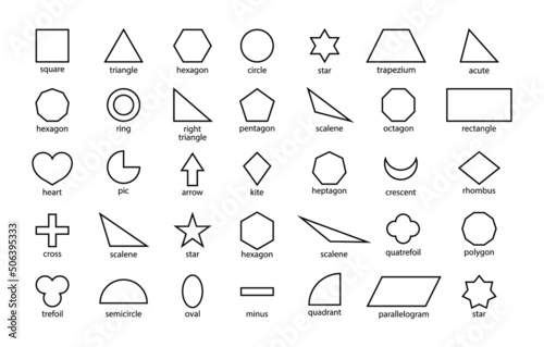 Geometric shapes. Outline geometric shapes. Basic figure for education and toy of kids. Basic icons in line style: triangle, square, circle, trapezium, heart, rhombus, polygon and rectangle. Vector