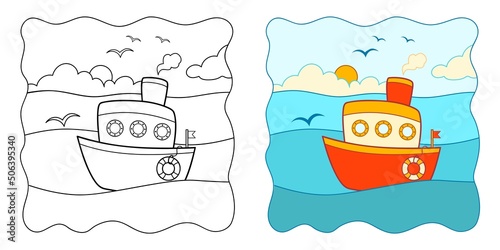Coloring book or Coloring page for kids. Ship vector clipart. Nature background.