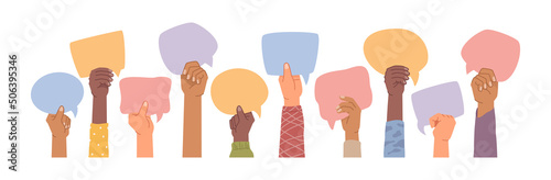 People expressing different thoughts and opinions by raising placards, banners and thought bubble cards. International characters, hands showing blank paper. Vector in flat style illustration