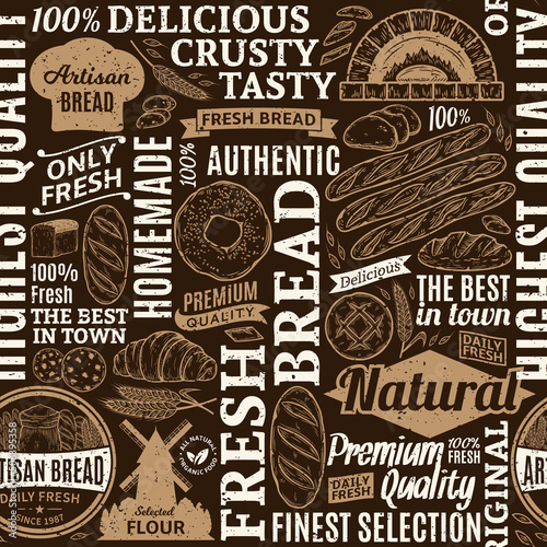 Retro-styled typographic vector bread and bakery seamless pattern or background. Bread and bakery illustrations, vector food icons for baked goods branding and identity