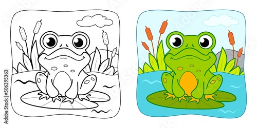 Coloring book or Coloring page for kids. Frog vector clipart. Nature background.
