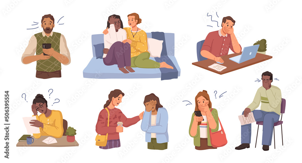 Men and women reading bad news in internet or newspapers. Worried and upset people, shocked by events. Sad and depressed about situation. Flat cartoon character, vector illustration Men and women reading bad news in internet or newspapers. Worried and upset people, shocked by events. Sad and depressed about situation. Flat cartoon character, vector illustration