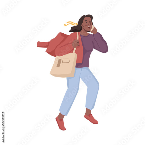 Female personage talking on smartphone putting clothes on in hurry and running quickly. Being late for work or meeting with clients, rush. Flat cartoon character, vector illustration