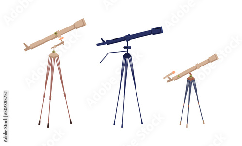Equipment used in discoveries in astronomy. Isolated tools, telescope with powerful zooming lens on tripod stand. Observation and watching, magnifying instrument. Vector in flat style