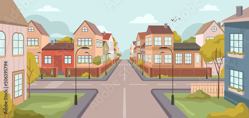 Small town or countryside street, suburban area with crossroads and rows of residential houses and building for living. Property and real estate for sale in city. Vector in flat style