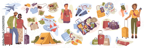 Vacation and traveling, holidays and tourist trips. Isolated packed bag with belongings, flight and camping in tent, luggage and passport. Flat cartoon characters on rest, vector illustration set